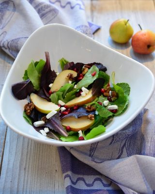 Mixed Green Salad with Pear, Walnuts, and Feta