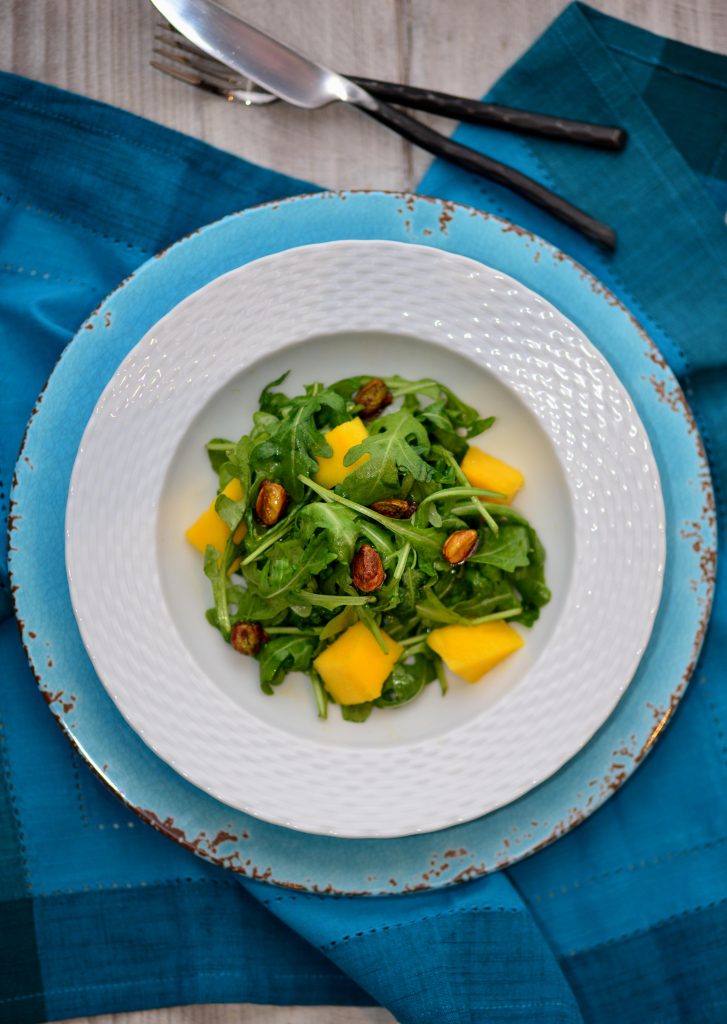 Baby Arugula, Mango and Caramelized Pistachio Salad|My Global Cuisine